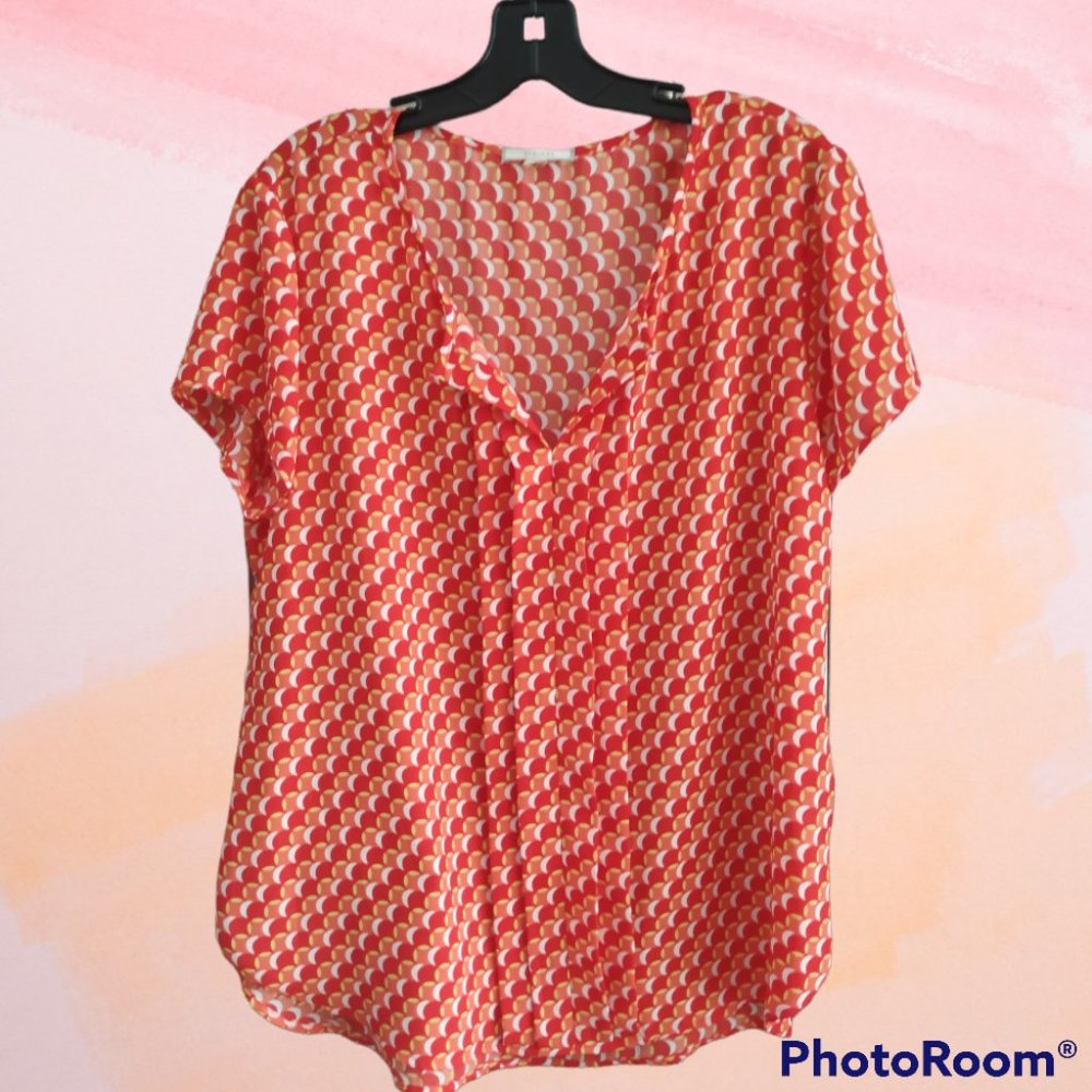 Pleione Blouse Orange Red Chiffon Pleated Sheer Top  Size XL